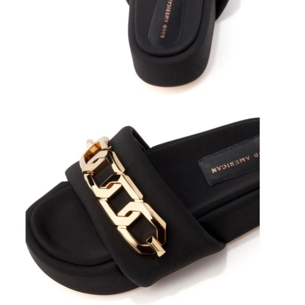 Sz 12 Good American Black and Gold Chain Slide Sandals - Picture 2 of 16